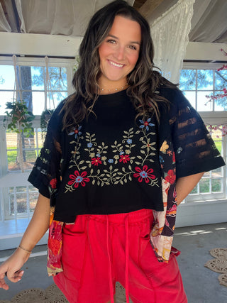 The Shoreline Embroidered Top - BLACK