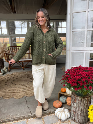 The Cabin Fever Cable Knit Cardigan - OLIVE