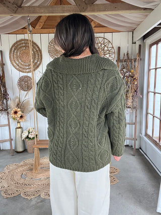 The Cabin Fever Cable Knit Cardigan - OLIVE
