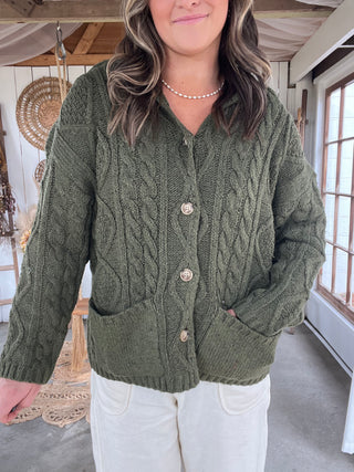 The Cabin Fever Cable Knit Cardigan - OLIVE