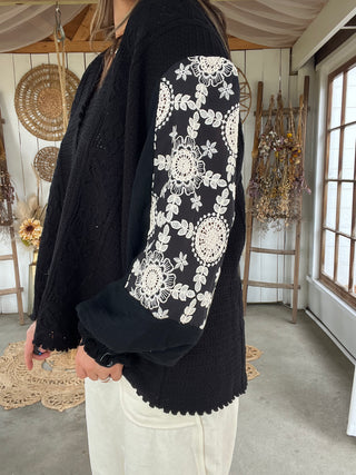 The Bella Embroidered Cardigan - BLACK