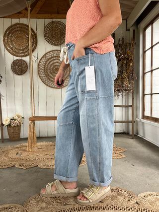 The Asher White Denim Risen Barrel Jeans - DENIM