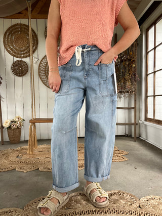 The Asher White Denim Risen Barrel Jeans - DENIM