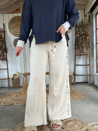 The Breezy Season Gauze Embroidered Pants - CREAM