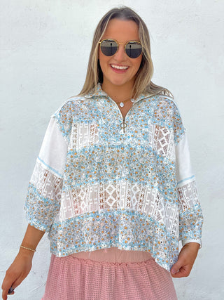 The Bloom Quarter Zip - BLUE/ CREAM