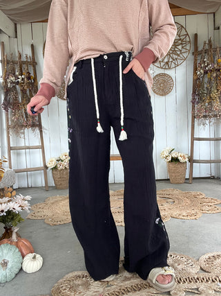 The Breezy Season Gauze Embroidered Pants - BLACK