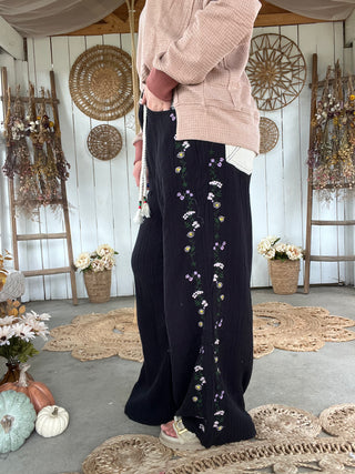The Breezy Season Gauze Embroidered Pants - BLACK