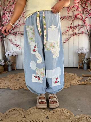 The Palm Springs Floral Patch Pants - DENIM