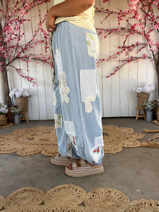 The Palm Springs Floral Patch Pants - DENIM