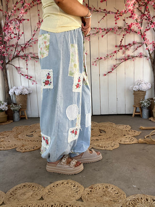 The Palm Springs Floral Patch Pants - DENIM