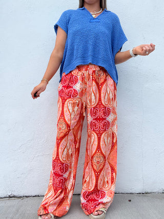 Sunset Paisley Wide-leg Palazzo Pants - CORAL