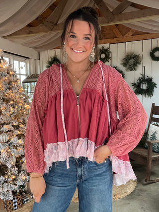 Floral Eyelet Babydoll Top - ROSE