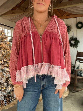 Floral Eyelet Babydoll Top - ROSE