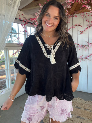 The Dawn Embroidered Top - BLACK