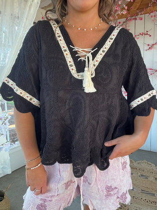The Dawn Embroidered Top - BLACK