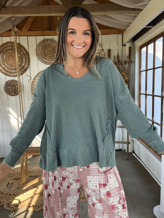 Up Late Waffle Knit Henley - DUSTY GREEN