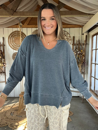 Up Late Waffle Knit Henley - DUSTY BLUE