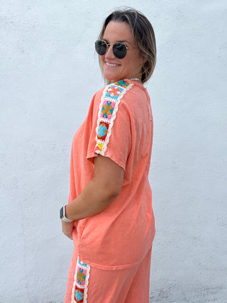 Granny Square Short Sleeve Top - CORAL