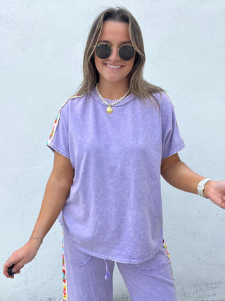Granny Square Short Sleeve Top - PURPLE