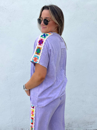 Granny Square Short Sleeve Top - PURPLE