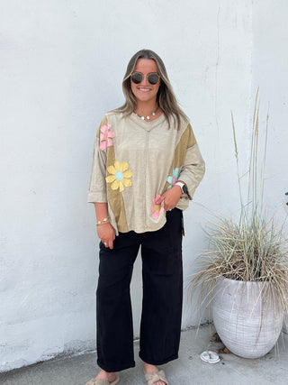 Flower Patches Mineral Washed Top - OLIVE