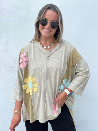 Flower Patches Mineral Washed Top - OLIVE