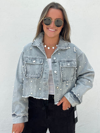 Scallop Detailed Pearl Embellished Denim Jacket