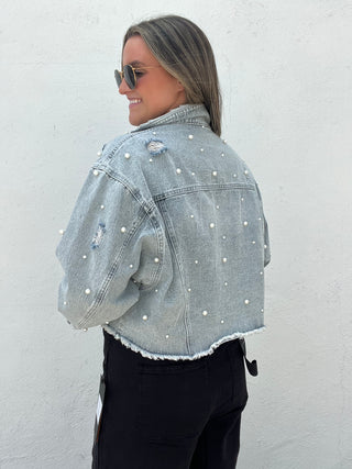Scallop Detailed Pearl Embellished Denim Jacket