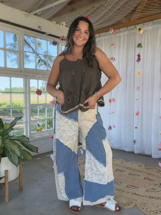 The Botanical Breeze Floral Pants - DENIM