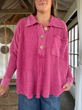 The Laney Waffle Knit Henley - PINK