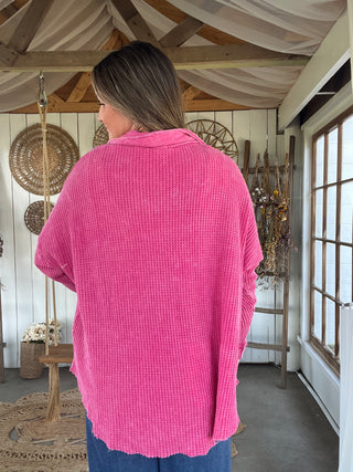The Laney Waffle Knit Henley - PINK