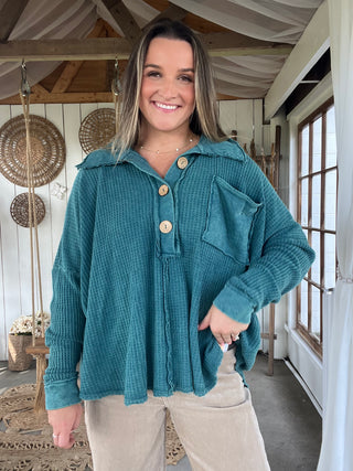 The Laney Waffle Knit Henley - TEAL