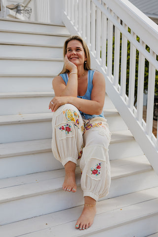 The Palm Springs Floral Patch Pants - CREAM