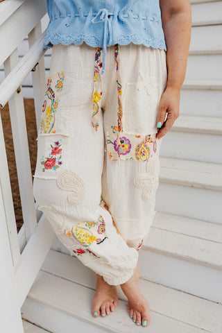The Palm Springs Floral Patch Pants - CREAM