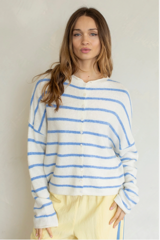 The Honey Knit Striped Cardigan - WHITE/BLUE