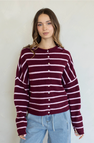 The Honey Knit Striped Cardigan - MAROON/PINK PREORDER 1 WEEK
