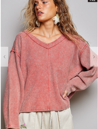 The Coastal Cozy Waffle Henley - CORAL
