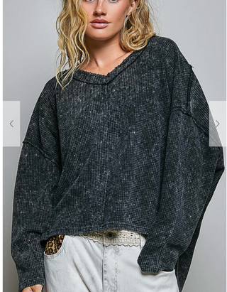The Coastal Cozy Waffle Henley - BLACK