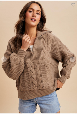 The Calli Chunky Cable Knit Half Zip Sweater - MOCHA
