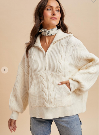 The Calli Chunky Cable Knit Half Zip Sweater - CREAM
