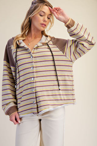 The Golden Meadow Striped Button Hoodie - MOCHA/PURPLE