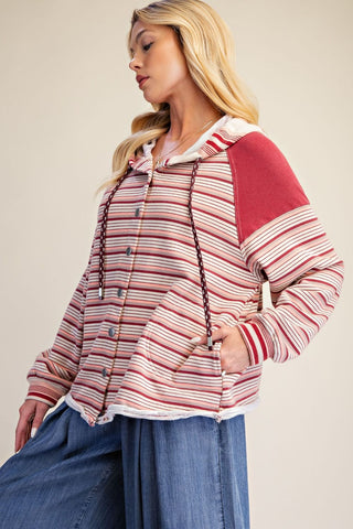 The Golden Meadow Striped Button Hoodie - BURGUNDY